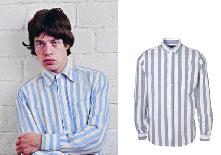 Mick Jagger in broad striped Oxford shirt
