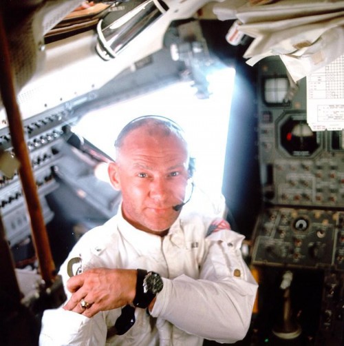 Buzz Aldrin wearing the first Omega Speedmaster on the moon