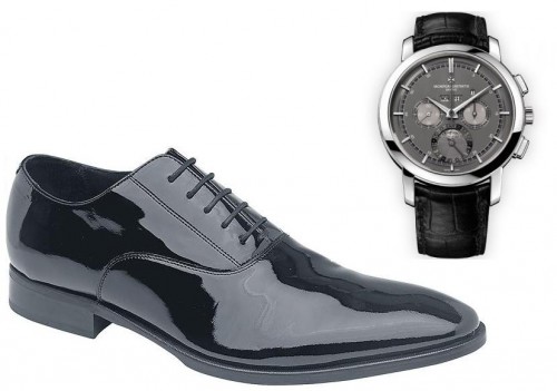 Patent black leather shoes with Vacheron Constantin Patrimony Traditionnelle Chronograph Perpetual